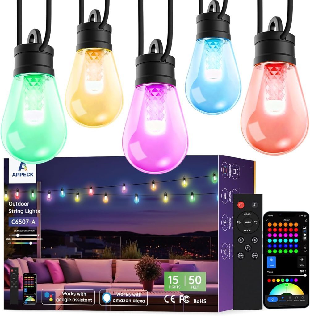 APPECK Outdoor String Lights, 50ft Smart RGBW Outdoor
