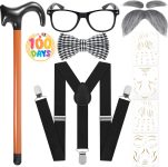 7PCS Old Man Grandpa Costume, Suspenders Bow Tie Fake