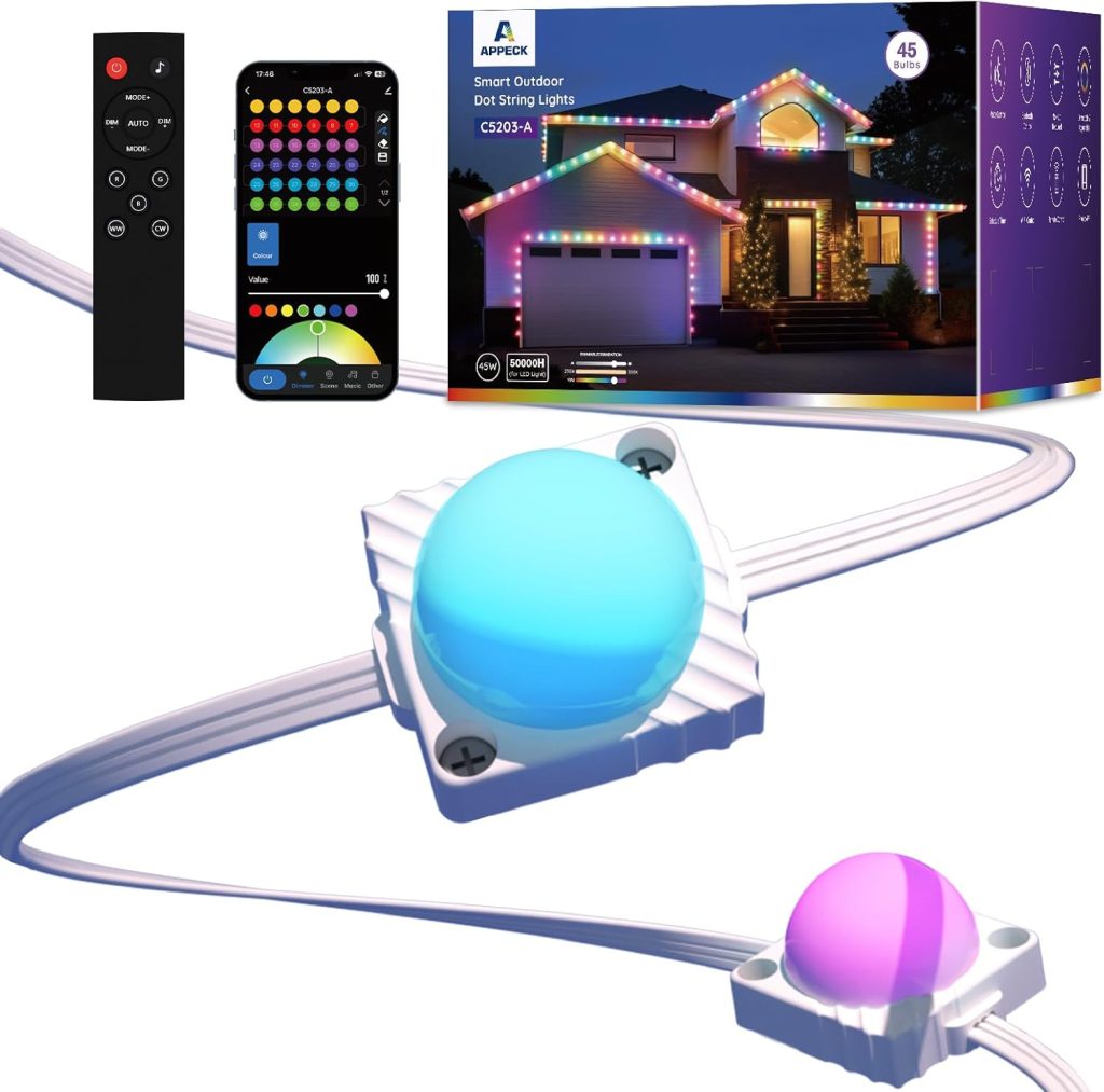 APPECK Permanent Outdoor Lights 50ft with 45 LEDs, RGB
