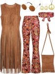 SOMSOC 7 Pieces 70s Women Hippie Costume Fringe Vest
