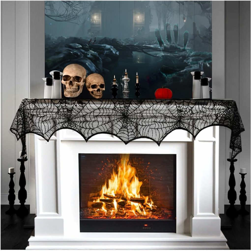 Halloween Cobweb Fireplace Scarf, Black Lace Spiderweb
