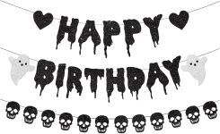 Black Glitter Halloween Birthday Banner Black Heart