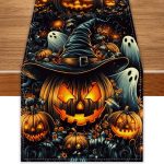 Black Pumpkins Ghost Halloween Table Runner 72 Inch
