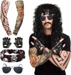 7 Pcs Rocker Costume Men's Wigs Black Curls Disco Men's