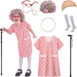 Girls 100 Days School Costume - Old Lady Wig, Dress &