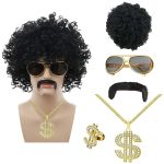 Afro Wig 70s Hip Hop Costume Accessories Set, Fake Gold