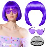 PLULON Dark Purple Bob Wig with Heart Sunglasses Hair