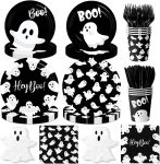 Halloween Paper Plates and Napkins, 144Pcs Black Ghost