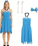 Women Costume Blue Dress Caveman Couple Halter Neck