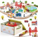 Tiny Land 110pcs Wooden Train Set with Folding Storage