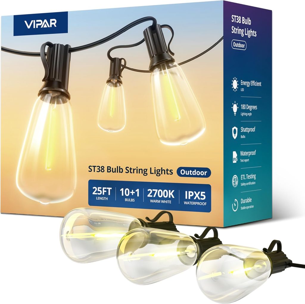 VIPAR Outdoor String Lights 25FT LED Patio Lights IPX5