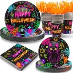 125PCS Plates and Napkins Set, 9 inches Neon Happy