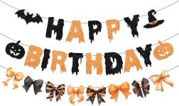 Happy Birthday Halloween Banner,Orange Glitter