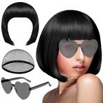 PLULON Black Short Bob Wig and Sunglass Set, Neon Short
