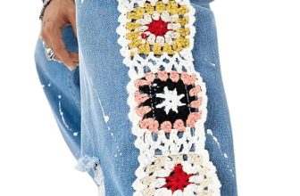 BEAUDRM Men's Floral Crochet Baggy Jeans Ripped