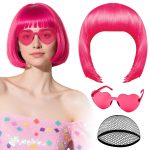 PLULON Hot Pink Bob Wig with Heart Sunglasses and Hair