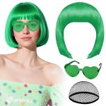 PLULON Green Bob Wig with Heart Sunglasses and Hair