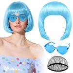 PLULON Light Blue Bob Wig with Heart Sunglasses and