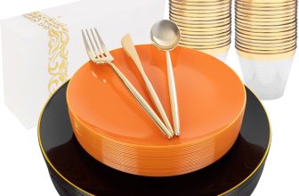 MirthMood 210PCS black and orange Plastic Plates,Black