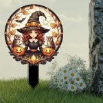 1pc 2D Flat Acrylic Witch with Owls & Pumpkins Pattern