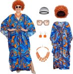 6Pcs Women Landlady Costume Caftan Dress Curly Wig