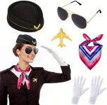 Flight Costume Set Beret Scarf White Gloves Sunglasses