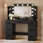 YESHOMY Vanity Desk with Large Lighted Mirror, Power