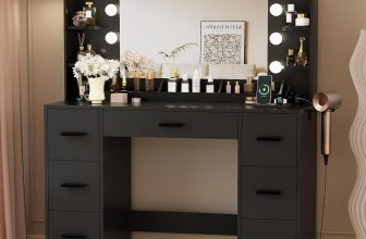 YESHOMY Vanity Desk with Large Lighted Mirror, Power