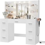 Furmax Vanity Desk with Mirror, LED Lights and Power
