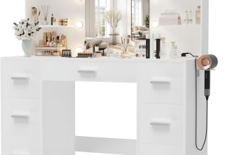 Furmax Vanity Desk with Mirror, LED Lights and Power