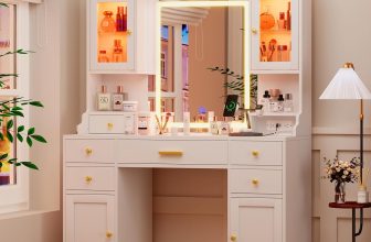 White Makeup Vanity Desk with Mirror and Lights, Large