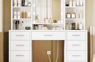 FIONESO Vanity Desk with Mirror and Lights, Power