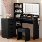 YESHOMY Vanity Desk with Lights and Mirror, L Shaped