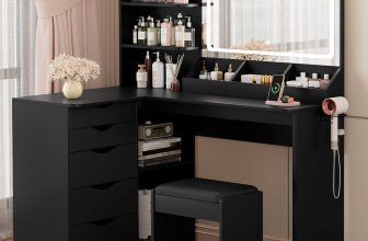 YESHOMY Vanity Desk with Lights and Mirror, L Shaped
