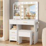 Otterease Vanity Desk with LED Lighted Mirror&Power