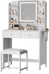 White Vanity with Lighted Mirror, 8 Shelves, 2 Drawers,
