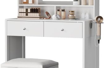 White Vanity with Lighted Mirror, 8 Shelves, 2 Drawers,