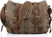 Sechunk Vintage Military Leather Canvas Laptop Bag