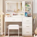 OTOQS Vanity Desk with Mirror and Lights, 4 Drawers &
