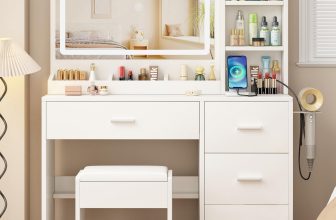 OTOQS Vanity Desk with Mirror and Lights, 4 Drawers &
