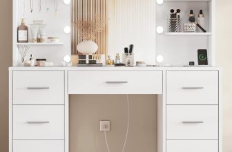 FIONESO Vanity Desk with LED Light Mirror & Power