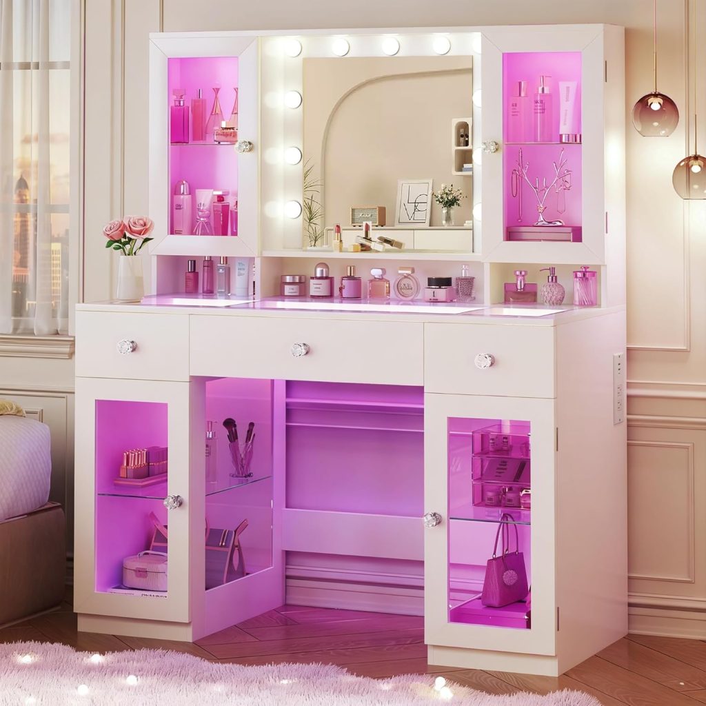 HUAHUU Vanity Desk with Mirror and RGB Lights, 43"