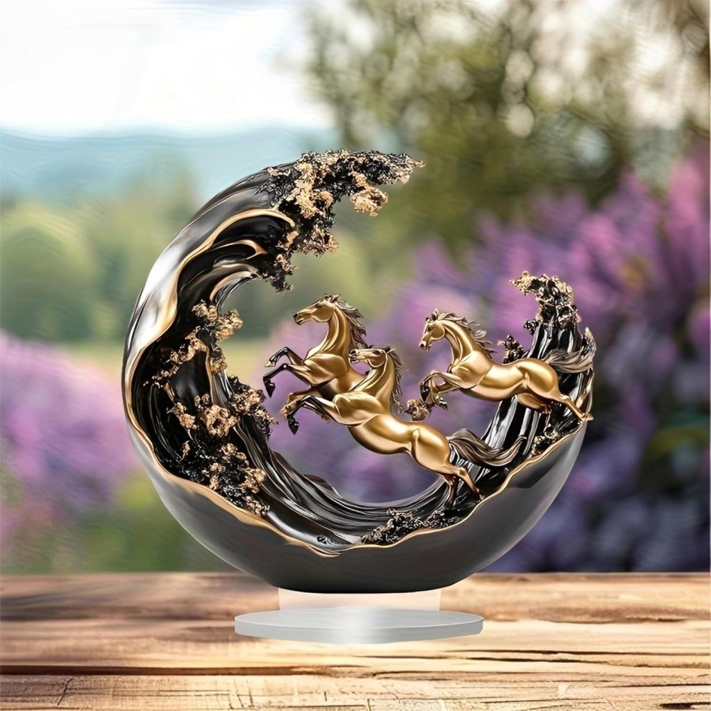 Golden Horses Black Wave Acrylic Desktop Decoration,