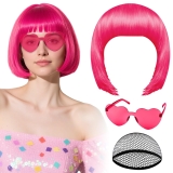 PLULON Hot Pink Bob Wig with Heart Sunglasses and Hair Review halloween costumes for women