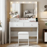 Haewon Vanity Desk with LED Lighted Mirror and Power Review makeup vanity